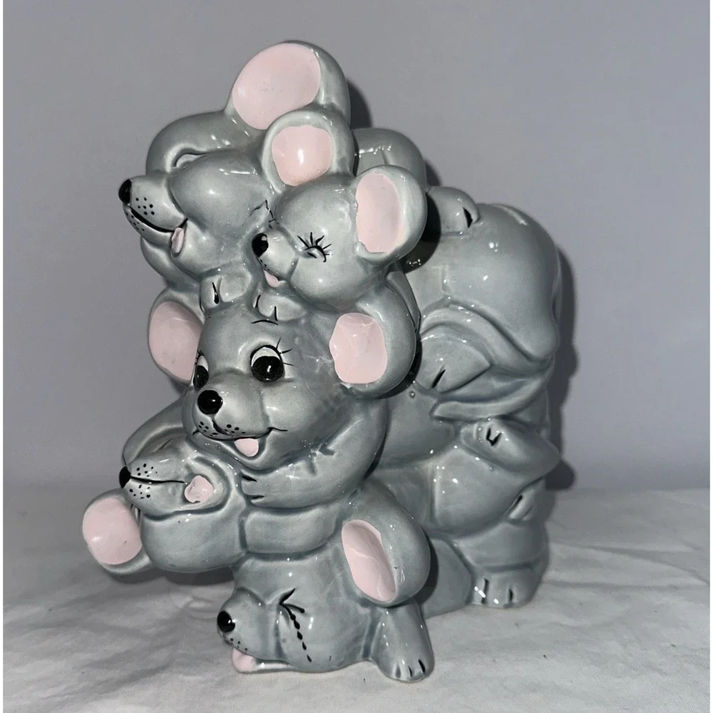 Vintage Ceramic Happy Mice Piggy Bank - Smiling Stacked Mice - 7.75